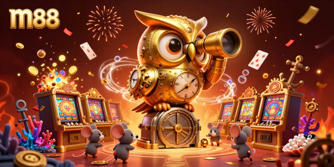 Experience the m88 casino adventure with playful mice and a golden owl in a vibrant gaming atmosphere.
