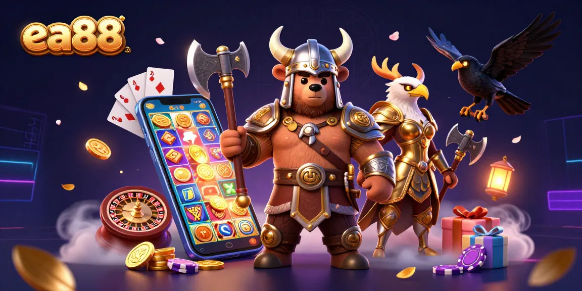 Play exciting games at ea88 with a Viking bear and Valkyrie amidst casino elements.
