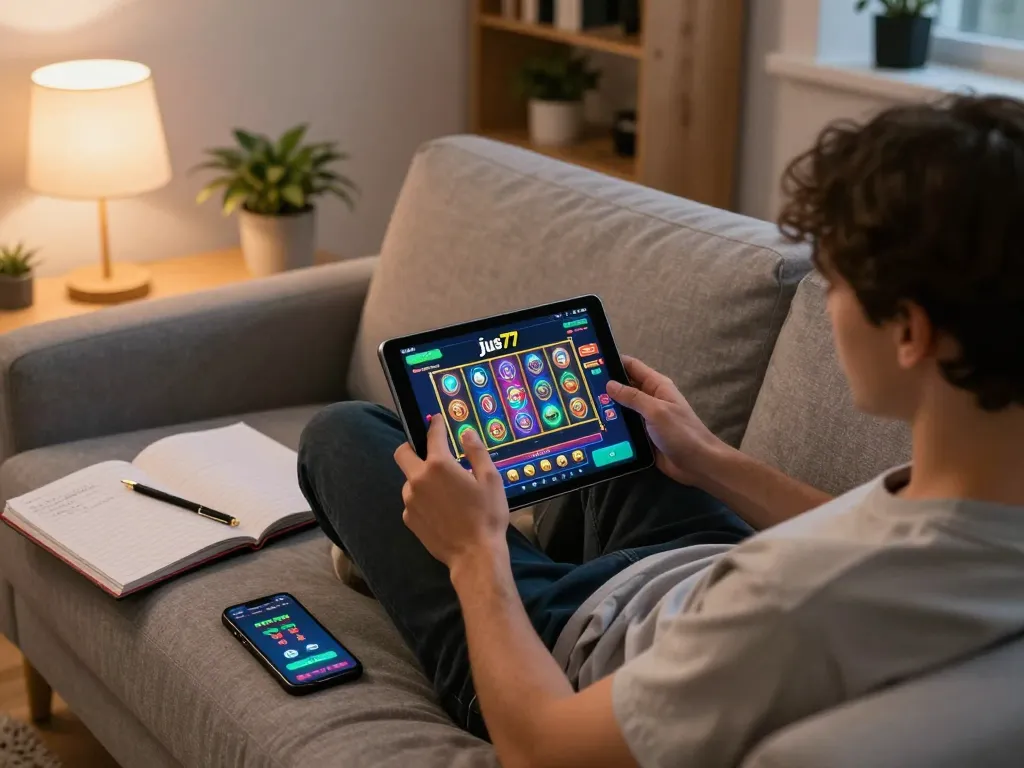 Engaging in strategic gameplay with the jus77 casino app on a comfortable sofa