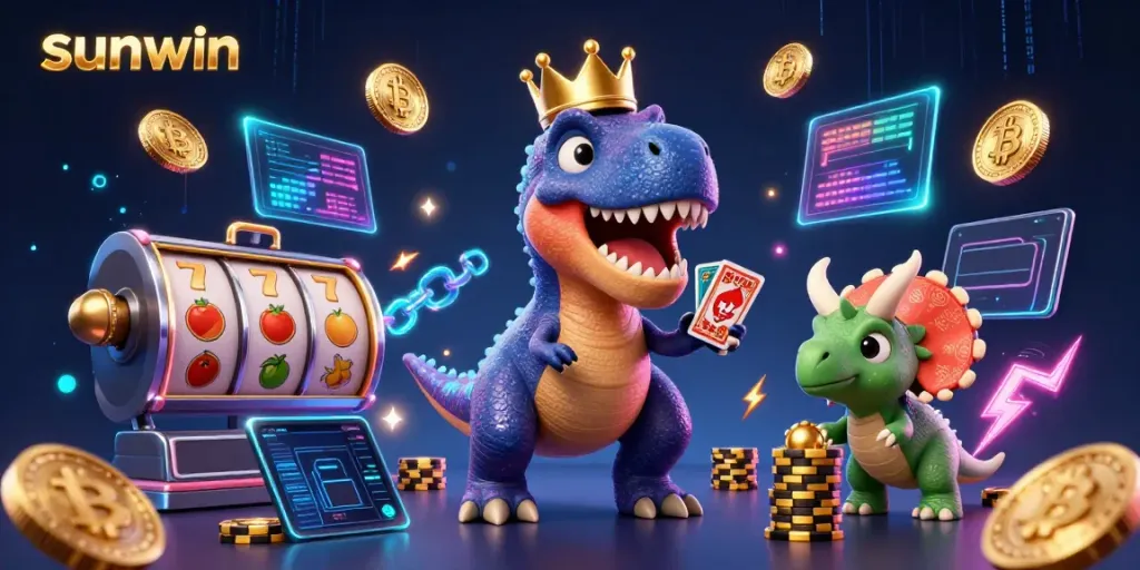 Play casino games with sunwin, featuring dynamic T-Rex and triceratops in thrilling scene.