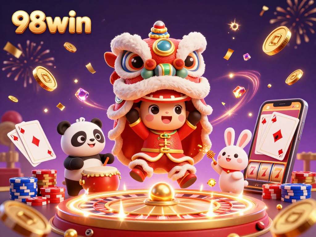 Join the celebration with 98win's vibrant gaming scene featuring lucky spins and festive characters.