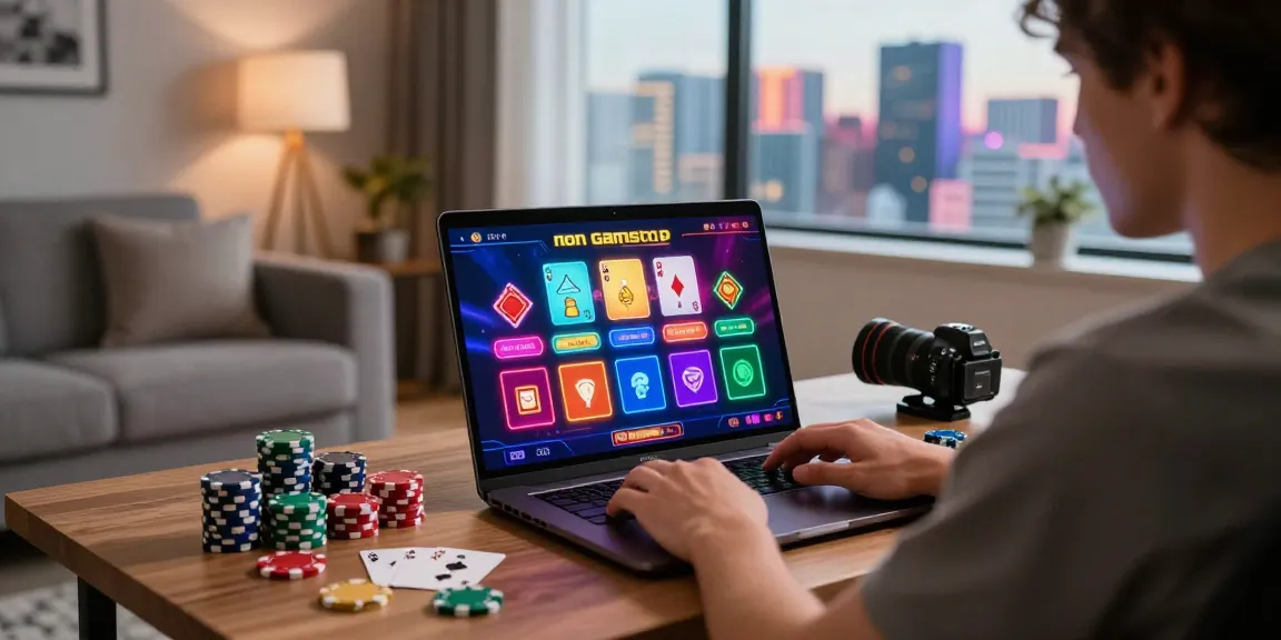 Engaged player exploring non Gamstop casinos on a modern laptop in a vibrant living room.