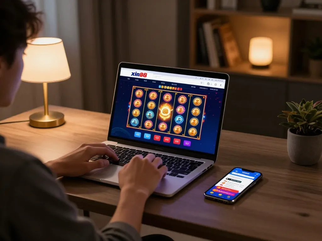 x88 user enjoying a vibrant online slot game on their laptop, showcasing winning potential and seamless gaming experience