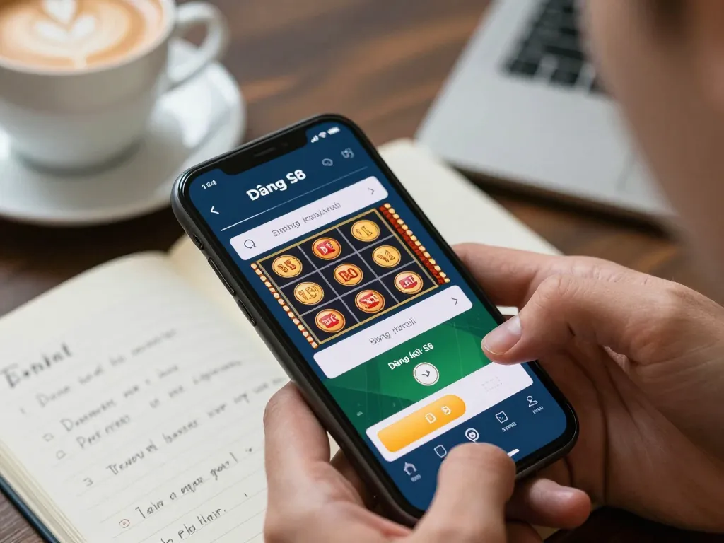 Register on Đăng ký S8 seamlessly with a smartphone showcasing casino features in a cozy setting