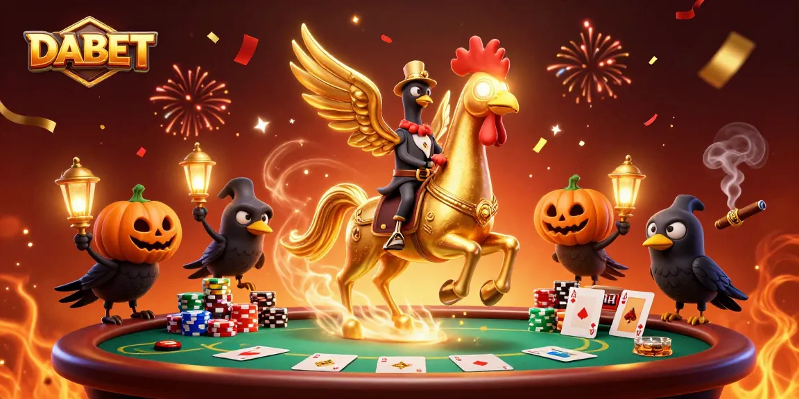 DABET offers an exciting casino experience featuring a golden rooster and friends in a midnight casino.