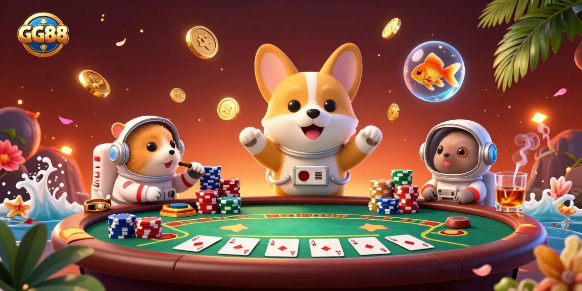Experience exciting moments at GG88 in space with a corgi, hamster, and goldfish in a vibrant casino setting.