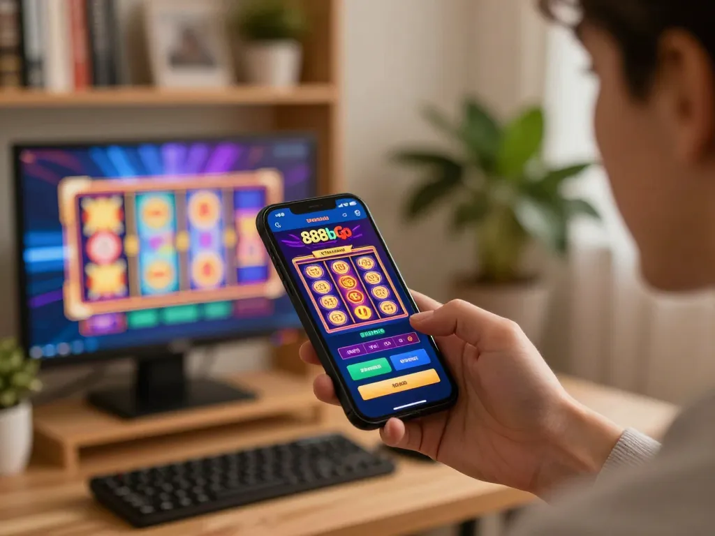 Player engaging with the 888bgo app in a cozy home environment, enjoying online gaming.