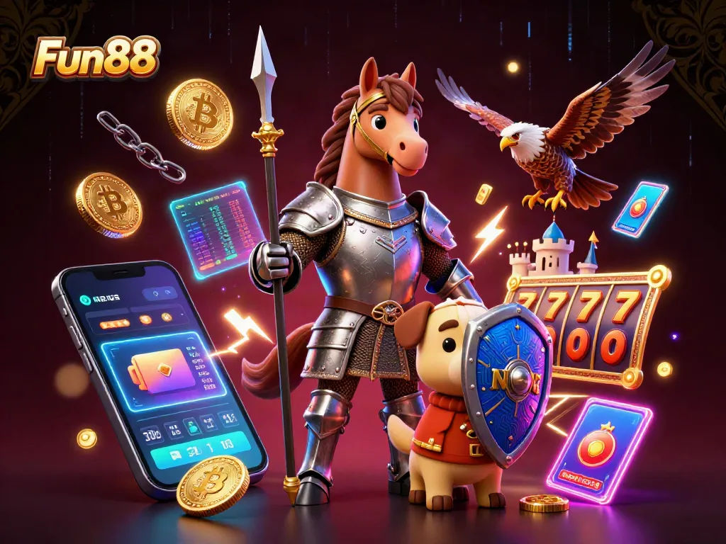 Join the Fun88 adventure with knights and crypto coins in a vibrant casino scene!