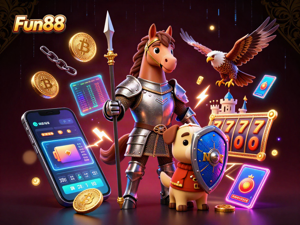 Join the Fun88 adventure with knights and crypto coins in a vibrant casino scene!