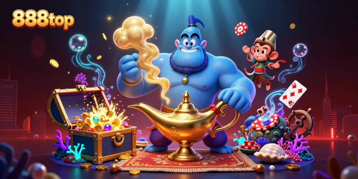 888top's engaging casino scene with a genie, magic carpet, and poker chips.