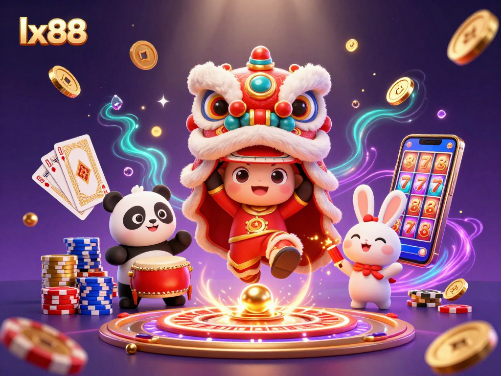 Experience the excitement of lx88 with the vibrant lion dance and casino elements in a colorful 3D illustration.