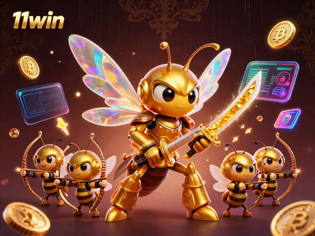 Engage in gaming adventures with 11win's vibrant digital casino illustration featuring unique characters and crypto elements.