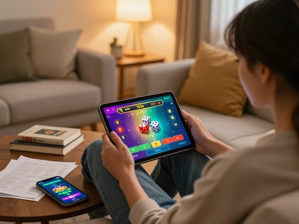 Tài xỉu online gameplay on a tablet in a cozy home setup with strategy notes visible.