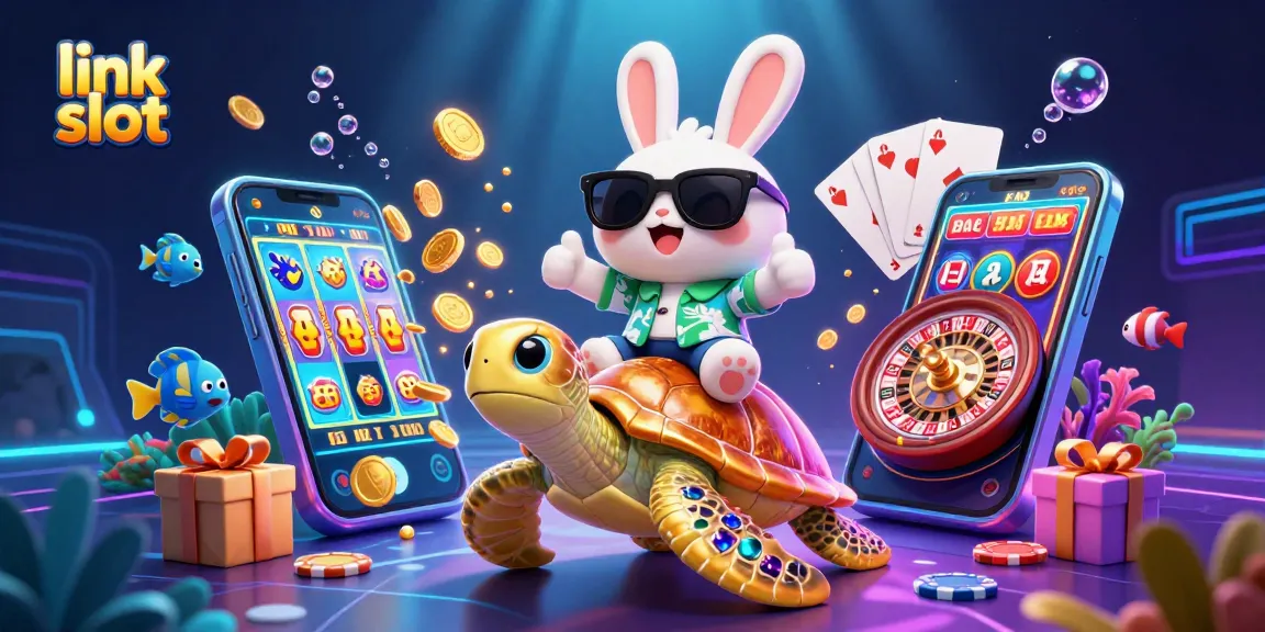 Bermain slot link pada ilustrasi 3D, kelinci beruntung dan penyu emas dikelilingi elemen permainan menarik.