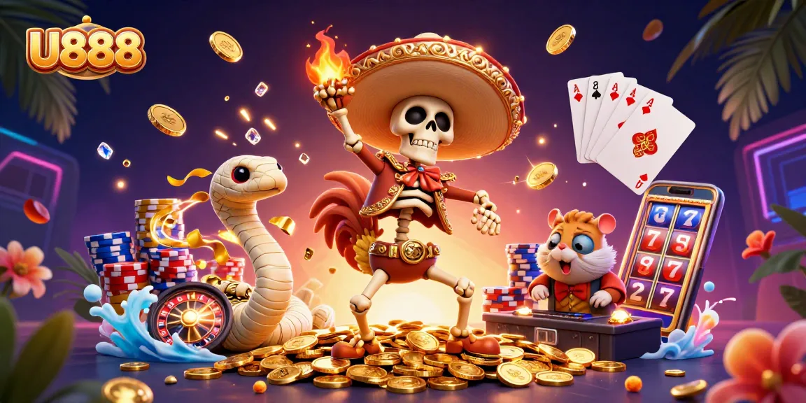 U888's lively victory scene with a marachi rooster, mummy snake, and DJ hamster in a dynamic casino setting