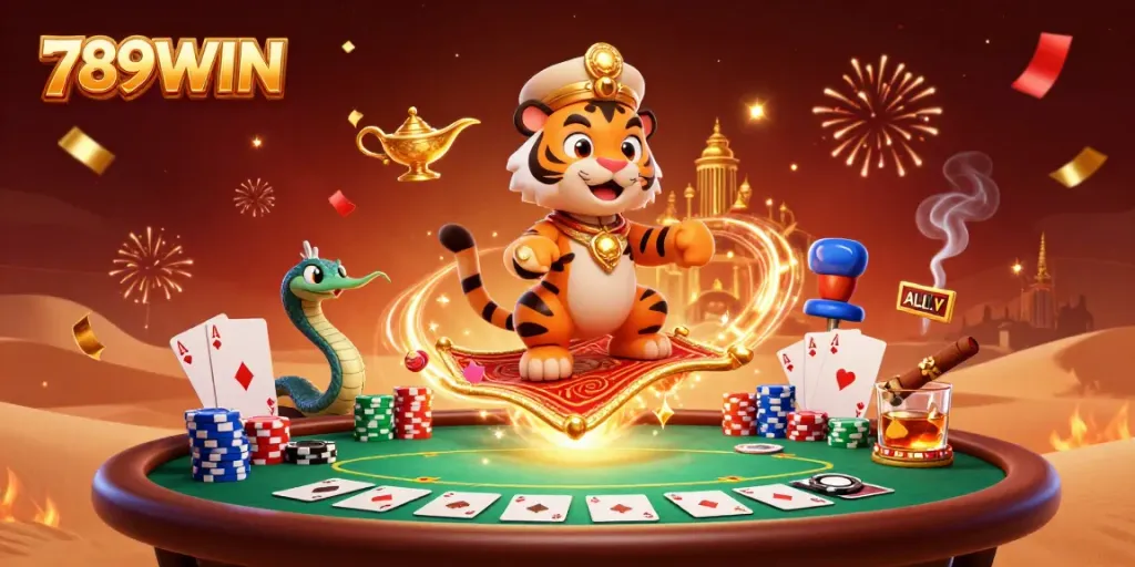 Experience the magic of 789WIN with an Arabian Nights sultan on a poker chip carpet amidst vibrant casino elements.