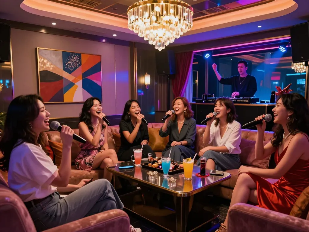 생동감 넘치는 클럽 조명과 아늑한 좌석에서 활기찬 분위기를 즐기는 달토가라오케의 손님들.