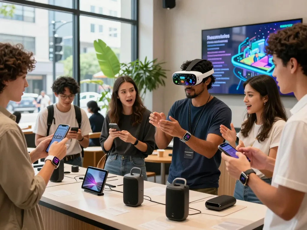Exploring the latest tech gadgets 2030 in an urban coffee shop, featuring futuristic devices like smartwatches and AR headsets.