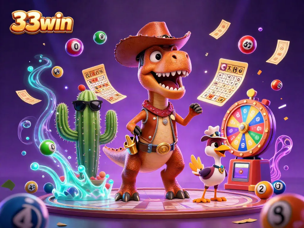 Experience the excitement of 33win with a vibrant scene featuring a dinosaur cowboy, cactus, and roadrunner surrounded by colorful lottery elements.