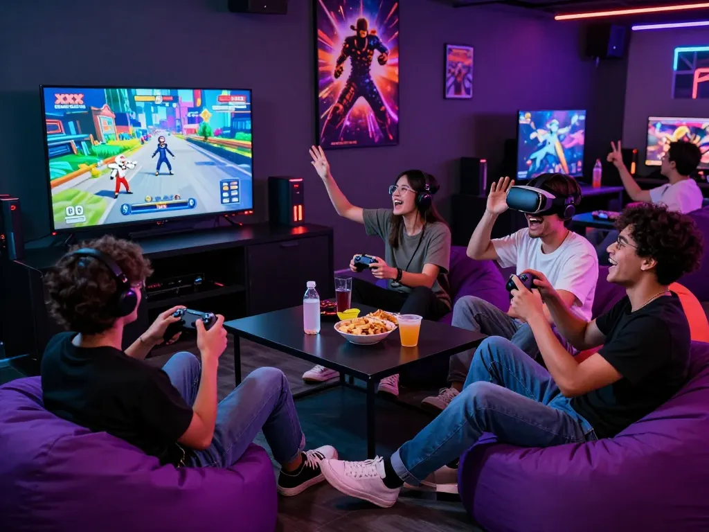 Friends enjoying xxx games together in immersive gaming lounge atmosphere.