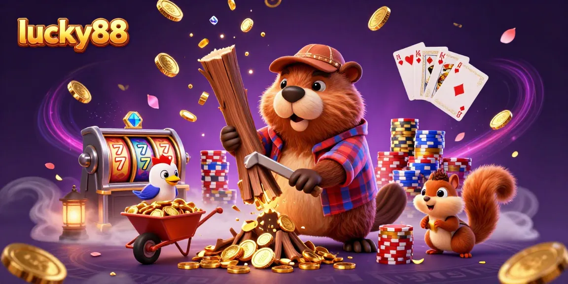 Experience lucky88's vibrant casino world with a beaver harvesting golden coins and slot reels.