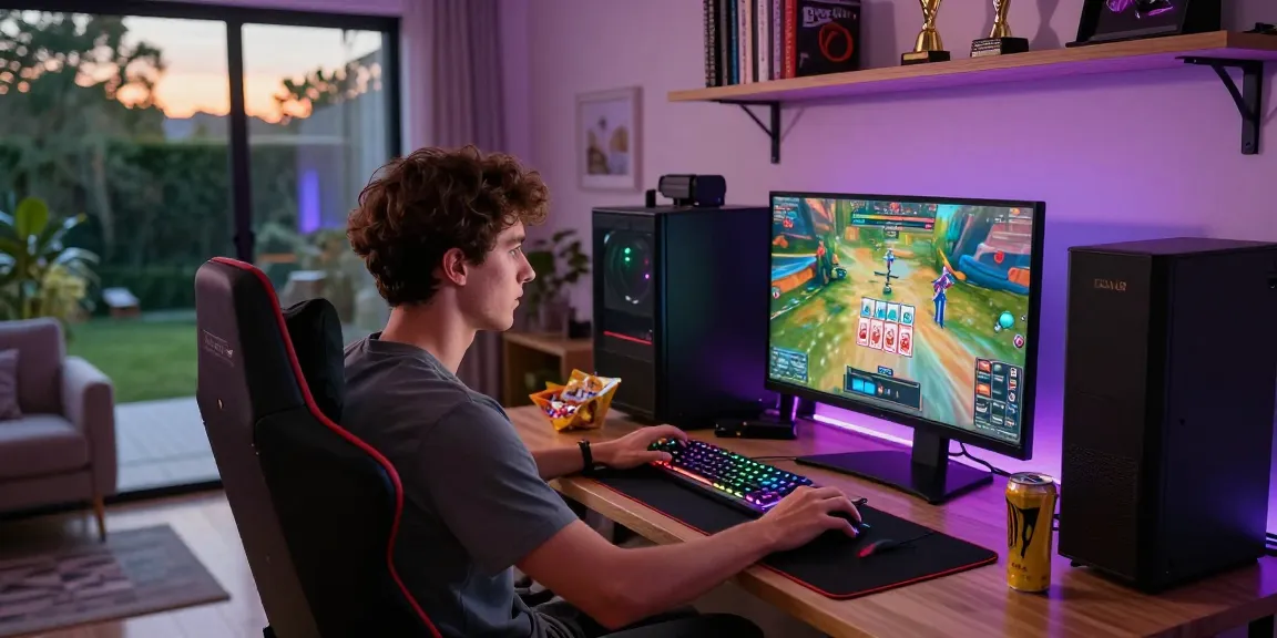 Rikvip gaming scene with player engaged at computer and vibrant RGB setup.