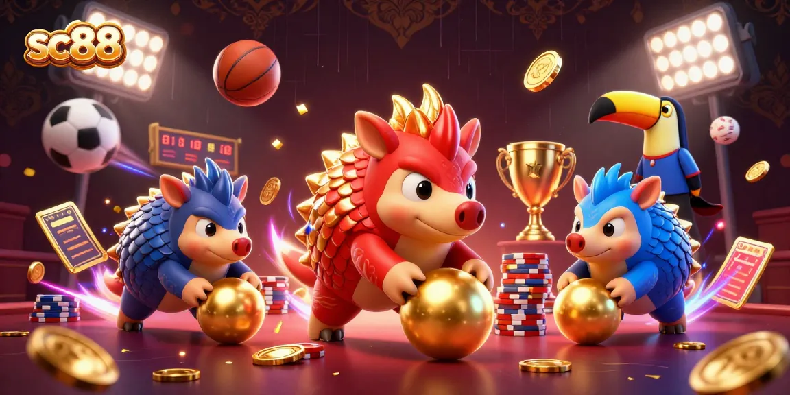 Engage with sc88 as rival pangolins compete amidst vibrant casino elements for thrilling bets.