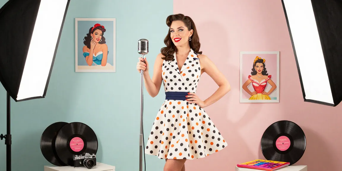 Pin-up model posing in vintage studio with retro props.
