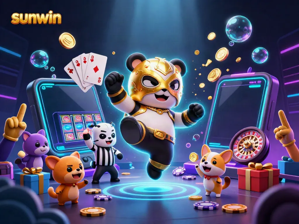 Witness the excitement of sunwin with a dynamic fight scene featuring a panda wrestler and casino elements bursting with energy.