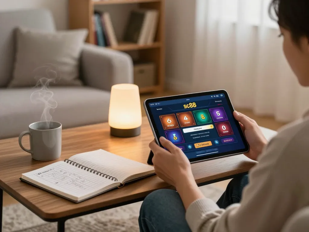 Person using sc88 đăng nhập on tablet in a cozy home setup with strategic notes nearby.