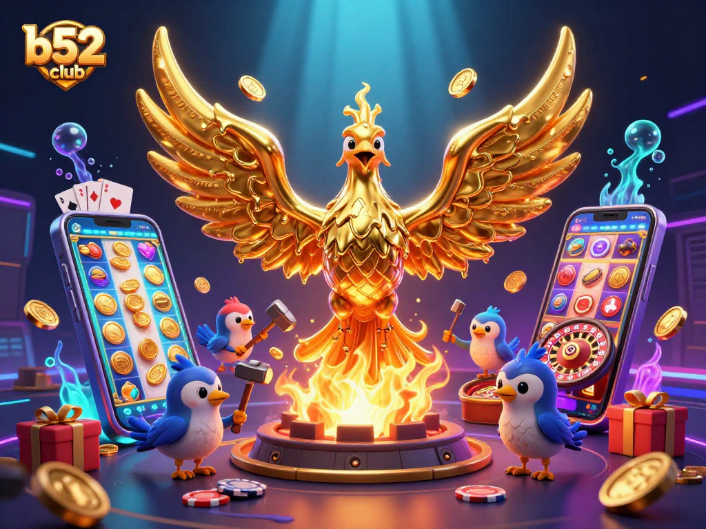 b52club brings luck with a golden phoenix, vibrant slot games, and casino excitement in a dynamic illustration.