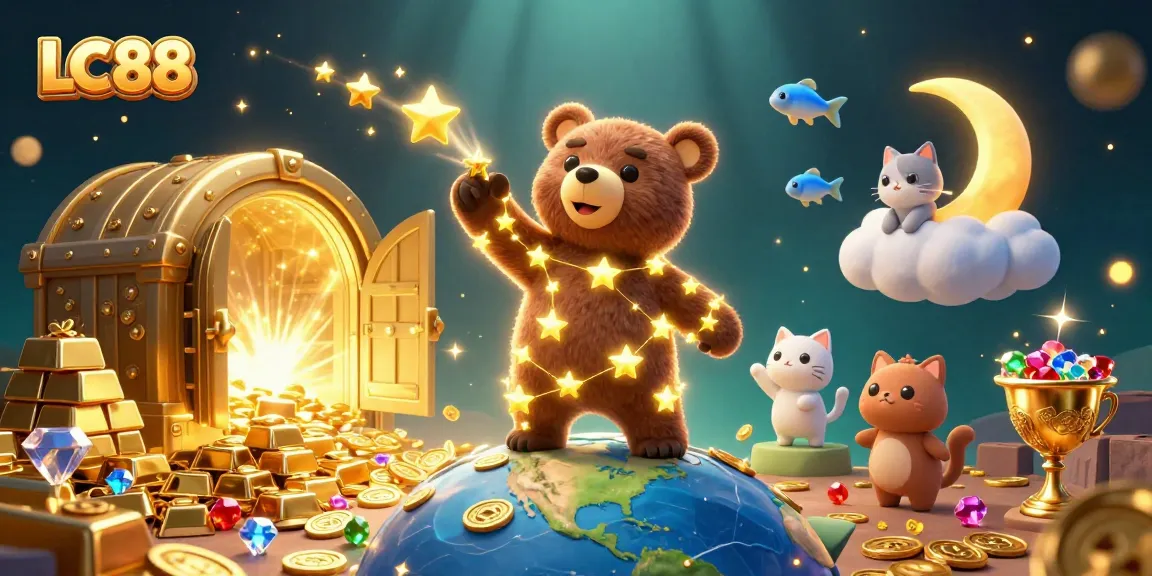 Experience the excitement of LC88 with vibrant treasures and mystical characters in a dynamic casino scene.