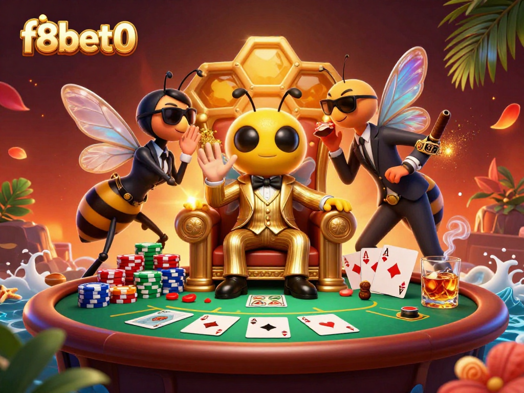 Engage in exciting poker action with f8bet0 in a vibrant, dynamic casino illustration.