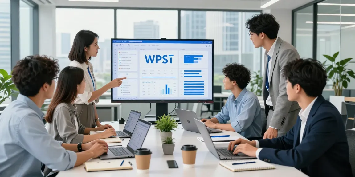 使用WPS中文办公软件下载的团队在现代办公室中进行协作的场景，专业氛围浓厚。