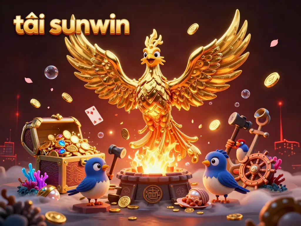 Play exciting games at tải sunwin with the golden phoenix and treasure-filled ocean scene, showcasing dynamic gambling elements.