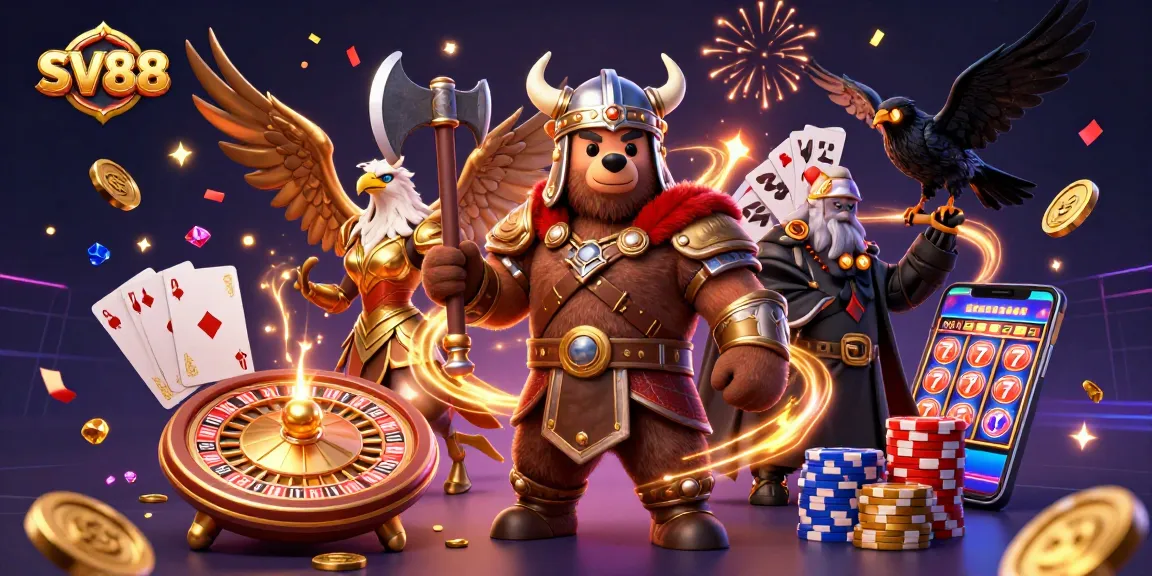 Experience the thrill of SV88 with a captivating illustration showcasing lively casino characters and dynamic gaming elements.