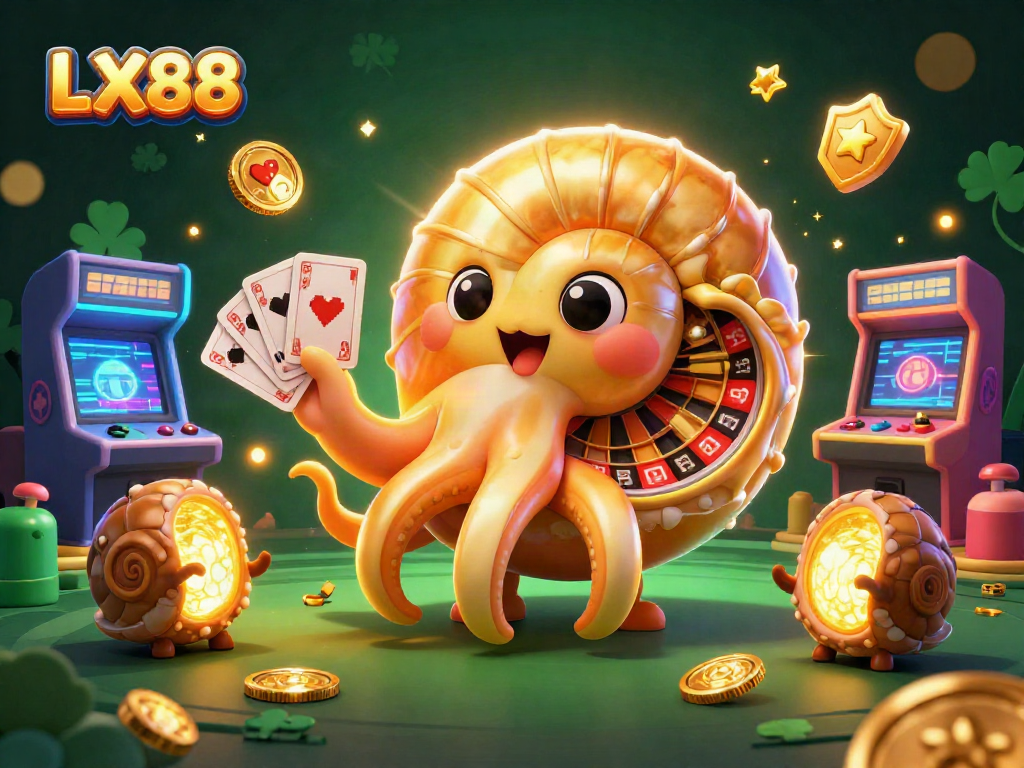 Play and win with LX88 at the vibrant casino featuring a nautilus roulette wheel and glowing game elements.