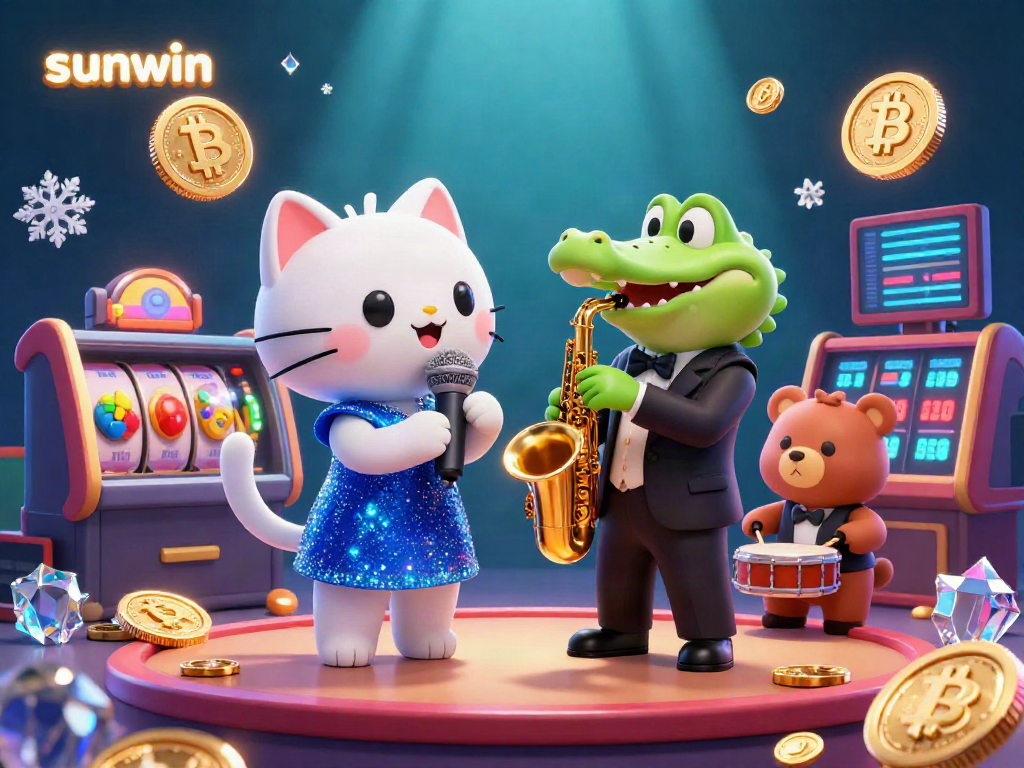 Experience the sunwin magic with a lively casino scene featuring a jazzy cat and vibrant crypto elements.