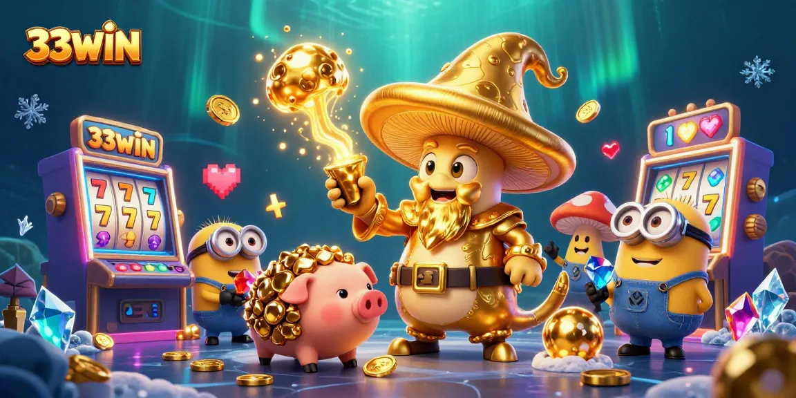 Engage in the dazzling world of 33WIN with a magical gaming scene featuring golden wizardry and vibrant slot machines.