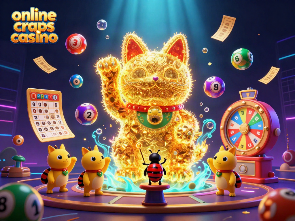 Engage with the online craps casino experience featuring vibrant visuals of a lucky cat and animated characters.