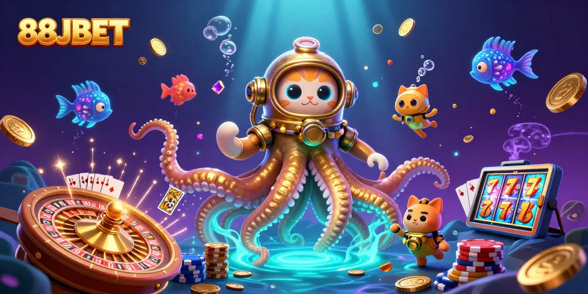 Engage in thrilling games at 88JBET amid a treasure-filled kraken and animated casino elements.