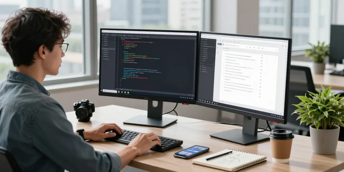 快连 software developer working in a modern workspace with dual monitors displaying code and app designs.