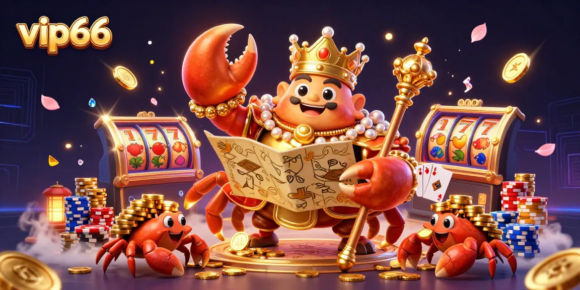 Spin the reels with vip66, featuring a golden crab emperor and treasures in a vibrant casino illustration.