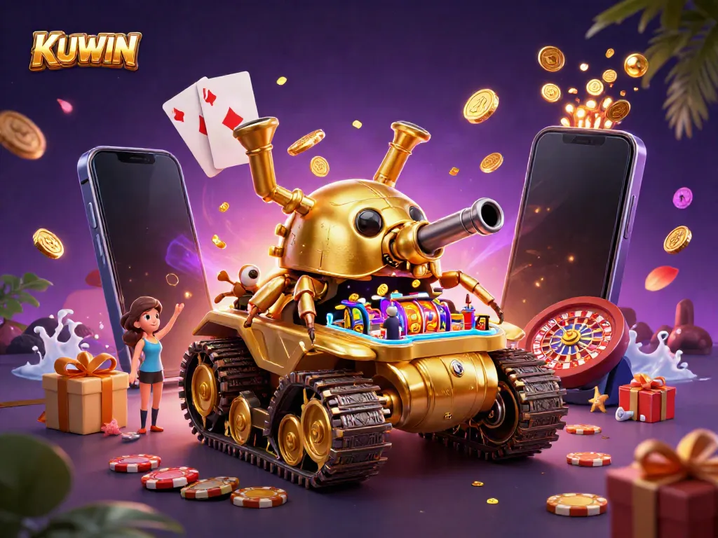 Experience winning at KUWIN with a vibrant 3D illustration of a golden beetle tank casino, showcasing games and excitement.