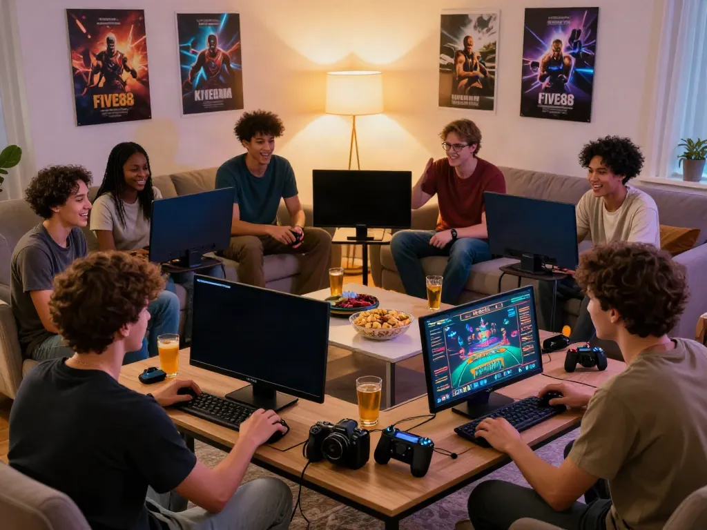 Exciting gaming session with friends using the FIVE88 platform in a cozy living room setting.