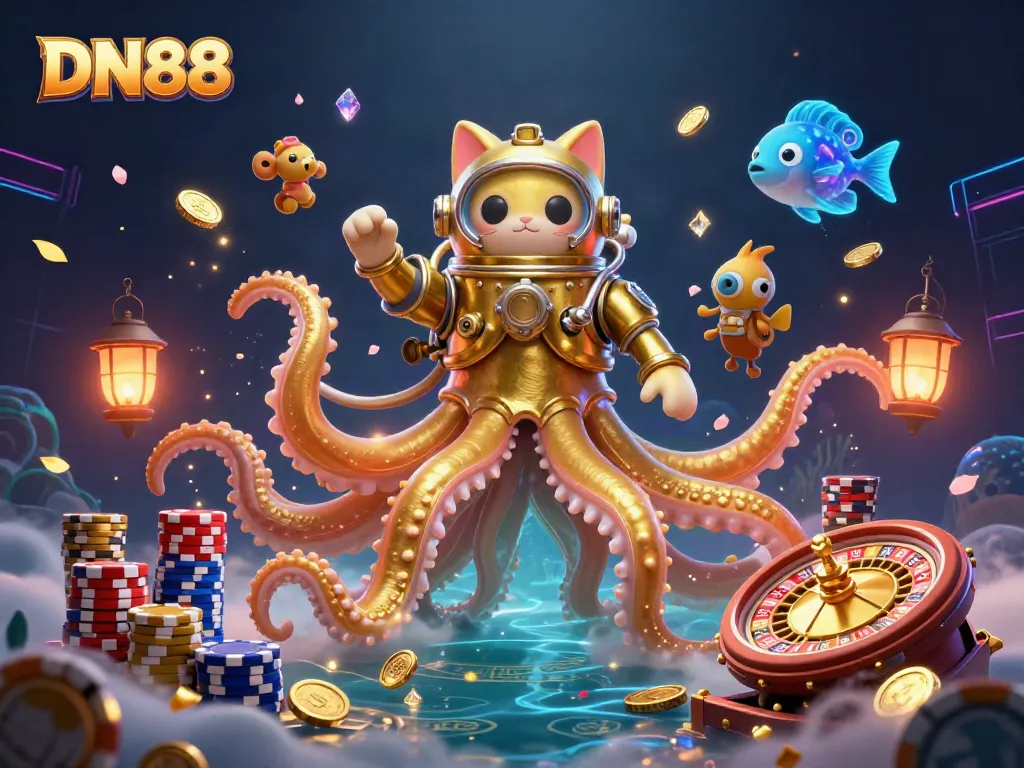 Engage with DN88's thrilling world of games, featuring a kraken, diving cat, and vibrant casino elements.