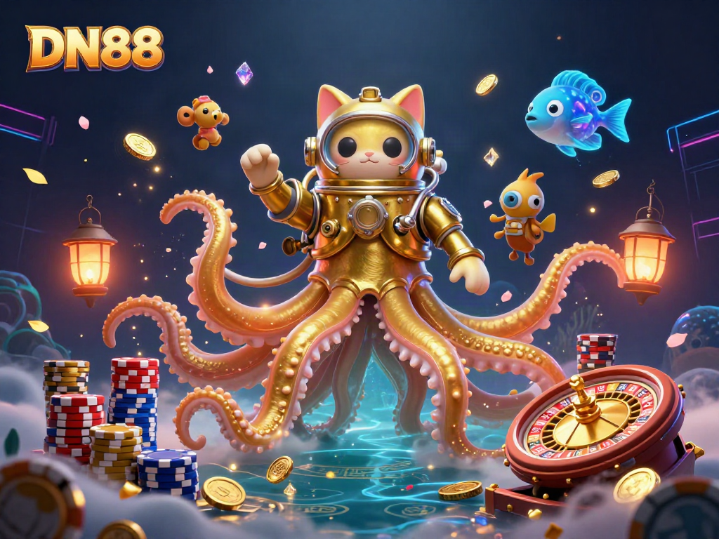 Engage with DN88's thrilling world of games, featuring a kraken, diving cat, and vibrant casino elements.