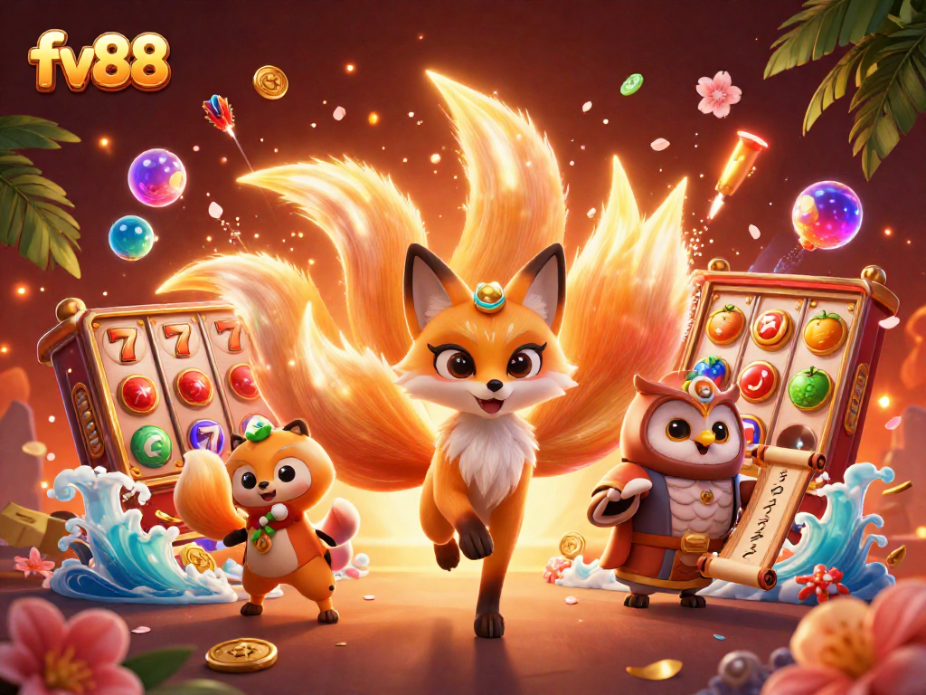 Win big at fv88 with a thrilling 3D illustration of a vibrant nine-tailed fox and lucky symbols.