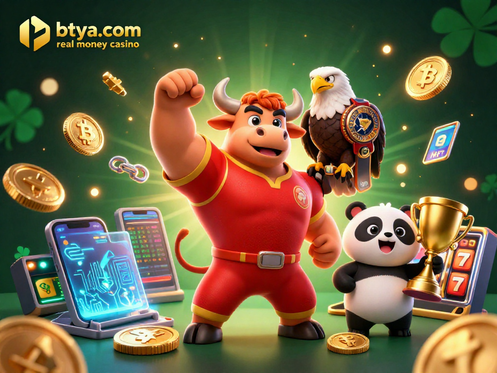 Betya.com real money casino features a victorious bull mascot and lucky gaming elements in a vibrant scene.