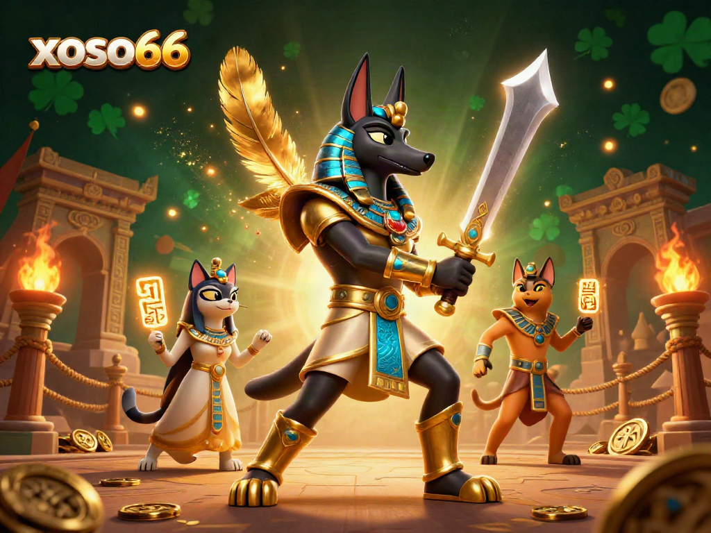 Experience the thrill of xoso66 with Anubis and Bastet amidst a lively casino ambiance.